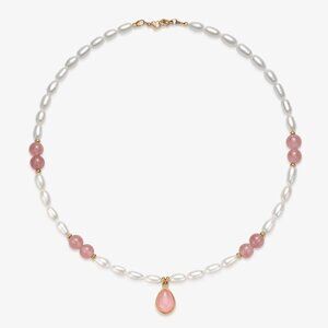 Fresh Water Pearl Necklace With Charm Pendants Rose Quartz